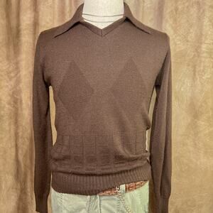 Vintage 70s Collared Argyle Knit Sweater Diamond Long Sleeve Retro Academia